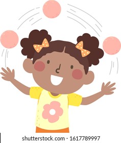 Illustration of an African American Kid Girl Juggling Three Balls Up in the Air