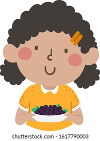 Illustration Of An African American Kid Girl Holding A Bowl Of Acai Berries