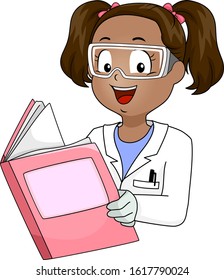 Illustration of an African American Kid Girl Wearing White Lab Coat, Goggles and Gloves and Reading a Book