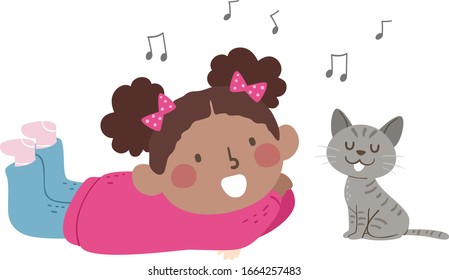 Illustration of an African American Kid Girl Lying Flat Singing In Front of Her Pet Cat with Floating Musical Notes