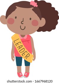 Illustration of an African American Kid Girl Standing with a Sash as a Leader of Her Class