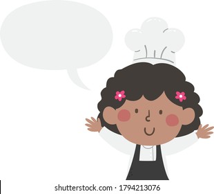 Illustration of an African American Kid Girl Wearing Apron and Chef Hat with Blank Speech Bubble