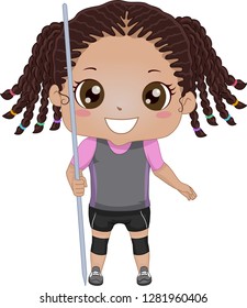 Illustration of an African American Kids Girl Holding a Javelin or a Spear for Throwing in a Track and Field Event