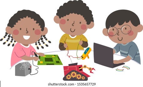 Illustration of African American Kids Making a Robot as a Team Using a Laptop, Chip and Other Tools