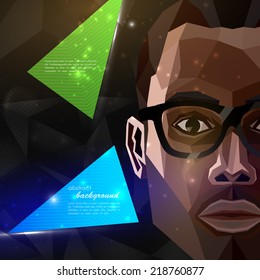 illustration with an african american man face in polygonal style. modern poster or flyer with fashion, beauty or entertainment concept  