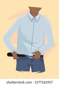 Illustration of an African American Man Wearing White Shirt and Pants and Putting on Black Leather Belt