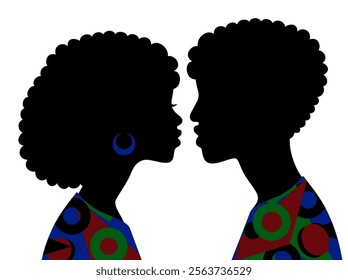 Illustration of African American man and woman in love symbolizing love and tenderness. Couple in love in profile wearing colorful outfits. Vector illustration