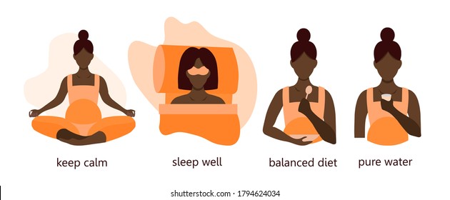 Illustration of an African American pregnant woman leading a healthy lifestyle. Black young woman eats right, drinks water, sleeps enough, meditates. Infographics for posters and flyers. Flat design