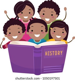 Illustration Of African American Stickman Kids Reading An Open Book About History