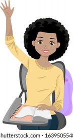 Illustration of an African American Teenage Girl Student Raising Hand in Class While Sitting On Her Desk