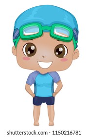 Illustration of an African American Wearing Swimming Trunks,  Swim Cap and Goggles