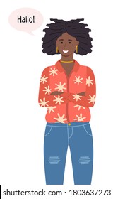 Illustration of African American young woman wearing jeans and shirt talking Hello in chat bubble. Portrait of pretty black female character with curly hair wearing stylish clothes isilated on white