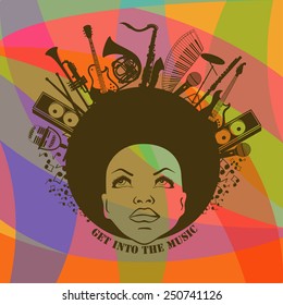 Illustration of African American young woman portrait with musical instruments on colorful geometric background. Music creative concept