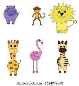 illustration of African animals cute Hippo, charming giraffe, nice Zebra, funny monkey, pink Flamingo and lion.