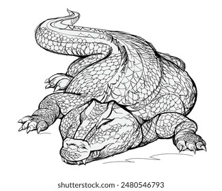 Ilustración de un cocodrilo africano. Animales anfibios. Dibujo aislado en blanco y negro de reptil para enciclopedia. Estampado para tela, moda, decoración, bordado, Fondo de pantalla. Vector dibujado a mano.  