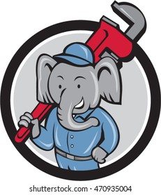 Illustration of an african elephant plumber mascot holding monkey wrench on shoulder set inside circle on isolated background done in cartoon style. 