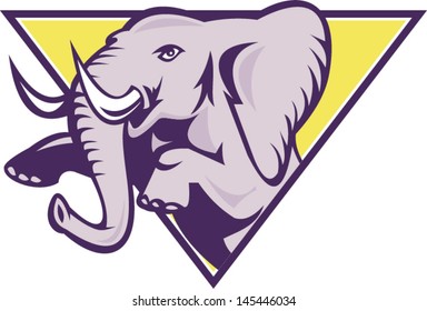 Illustration of an african elephant prancing set inside inverted triangle done in retro style on isolated white background.