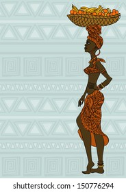 Illustration of African girl with fruit basket on the head on an ethnic patterned background