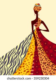 Illustration of an African Girl Modeling a Gown Made From Brightly Colored Fabrics