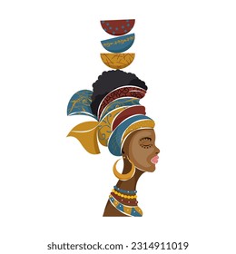 
Illustration of an African girl in a national headdress. Isolate on a white background. Vector illustration in flat style.