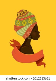 Illustration of an African Girl Wearing Pretty Head Scarves and Earrings with a Pink Ribbon