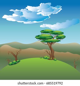 Illustration of african landscape, savanna nature with trees.
