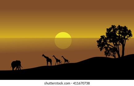 Illustration African Landscape Silhouette Lake Stock Vector (Royalty ...