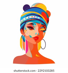 Illustration of an African or latinos Girl Wearing Pretty Head Scarves and Earrings. Used for print design greeting card used for print design, banner, poster, flyer template