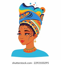 Illustration of an African or latinos Girl Wearing Pretty Head Scarves and Earrings. Used for print design greeting card used for print design, banner, poster, flyer template
