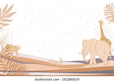Illustration with African wild animals and landscape background. Editable vector illustration.