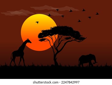Illustration of African wildlife vectors at sunset
