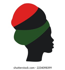 An illustration of a African woman with head wear colored in Pan Africa flag.