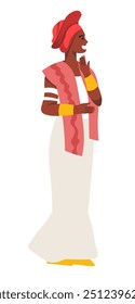 Ilustración de una mujer africana en un vestido tradicional y abrigo para la cabeza, aislado en un fondo blanco. Este Arte vectorial se puede utilizar para materiales culturales y educativos.