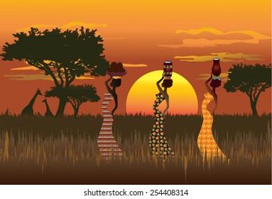 Illustration Of African Women Carrying Water And Coconuts In Traditional Dishes On His Head Against The African Landscape In Orange, Brown And Red. Background Silhouettes Of Trees And Giraffes.