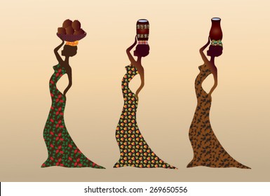 Illustration Of African Women, Dressed In Various Traditional Garments, Carrying Water And Coconuts In Traditional Dishes On His Head.