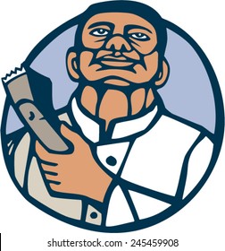 Illustration of an African-American barber holding a hair clipper facing front looking up set inside circle done in retro woodcut linocut style on isolated background.