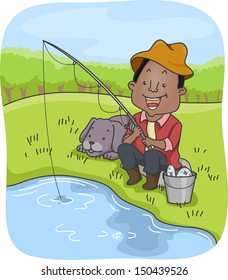 Illustration of an African-American Man Out Fishing with His Dog