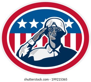 Illustration of an african-american soldier serviceman saluting with USA stars and stripes flag in background set inside oval done in retro style.