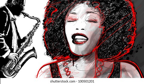 Illustration of an afro american jazz singer with saxophone player