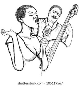 Illustration of an afro american jazz singer with double-bass player
