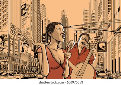 Illustration of an afro american jazz singer with double-bass player in a street of new york