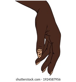 Illustration of Afro American woman hand.  Leopard nail polish, manicure. Wild manicure. Stylish nail design. spotted manicure. Line art, Manicure symbol.  Vector eps10,  Template for beauty salon, 