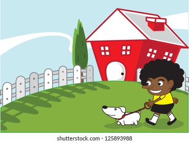 Illustration of a afro boy walking with the dog in s summer day.