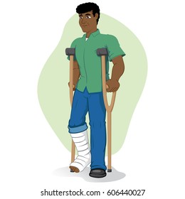 Illustration of an afro descendant person, of crutches with injured leg, bandaged or plastered. Ideal for medical and institutional materials