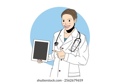 illustration of Afro Female Doctor Pointing at Digital Tablet With Blank Black Screen. medical personnel. female doctor.