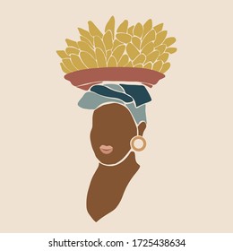 The illustration of afro woman in a turban and with banana bsaket on her head. Made im modern art style. Can be used as a wall art decoration.