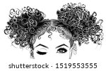 Illustration with afro-american woman, long curly hair, eyes, eyebrows and eyelashes. Sexy wink. Realistic makeup look. Bun hairstyle. Logo for brow bar, lash or beauty salon.