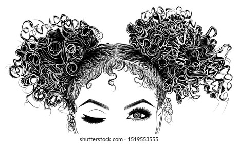 Illustration With Afro-american Woman, Long Curly Hair, Eyes, Eyebrows And Eyelashes. Sexy Wink. Realistic Makeup Look. Bun Hairstyle. Logo For Brow Bar, Lash Or Beauty Salon.