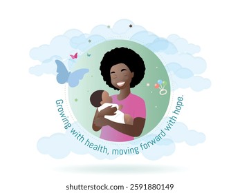 Illustration of an Afro-descendant mother smiling while embracing her baby in an atmosphere of hope and health, featuring clouds and butterflies.