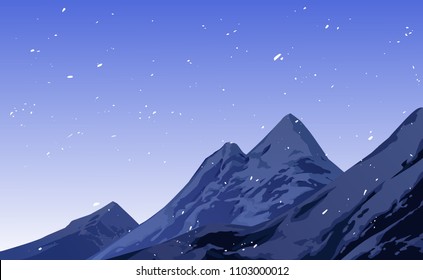 Illustration of after snowfall scene. Snowing on mountain. Vector illustration.  